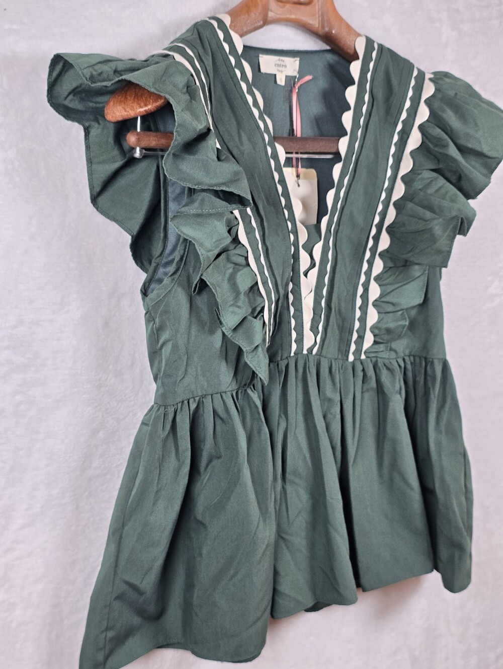 Entro Green Ric Rac Ruffle V Neck Babydoll Blouse Top Sz.S Pemplum Cottagecore - Picture 5 of 13